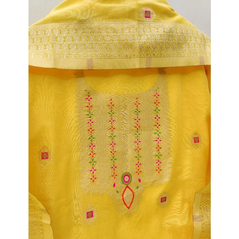 Mayawye Women's Banarasi Silk Printed Unstitched Salwar Suit Material With Dupatta (Yellow, 3Mtrs)