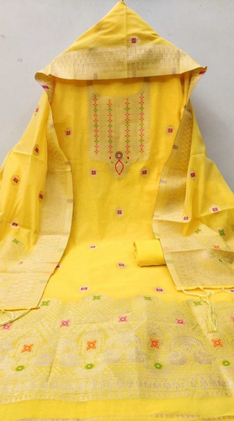 Mayawye Women's Banarasi Silk Printed Unstitched Salwar Suit Material With Dupatta (Yellow, 3Mtrs)