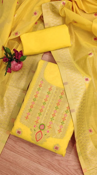 Mayawye Women's Banarasi Silk Printed Unstitched Salwar Suit Material With Dupatta (Yellow, 3Mtrs)