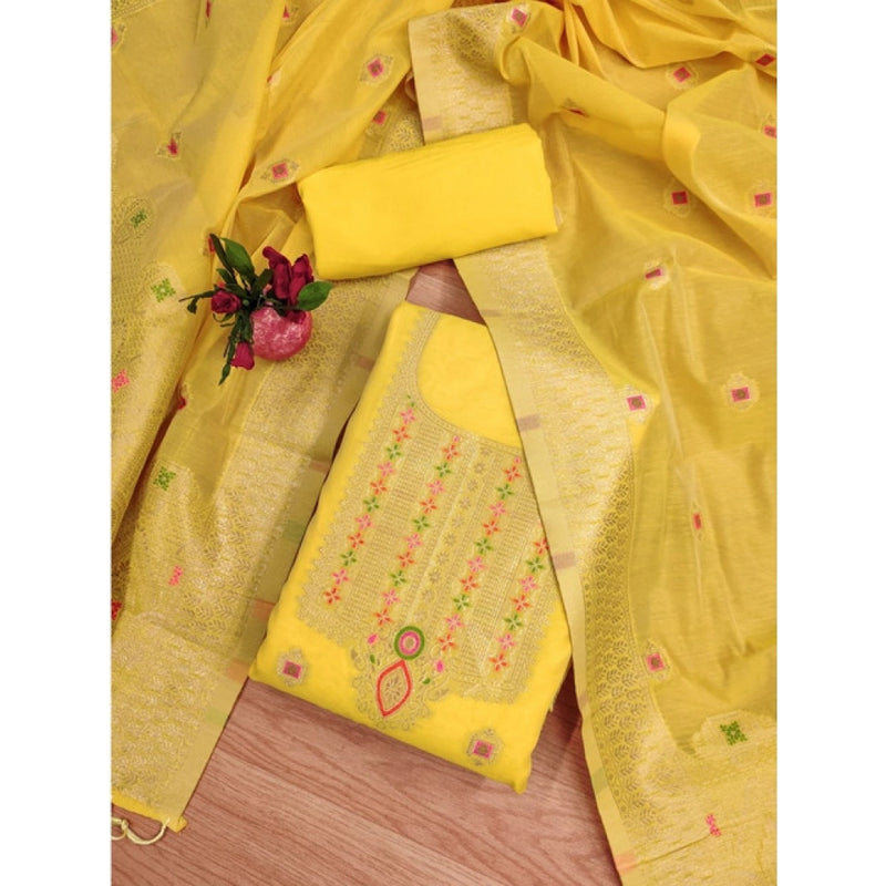 Mayawye Women's Banarasi Silk Printed Unstitched Salwar Suit Material With Dupatta (Yellow, 3Mtrs)