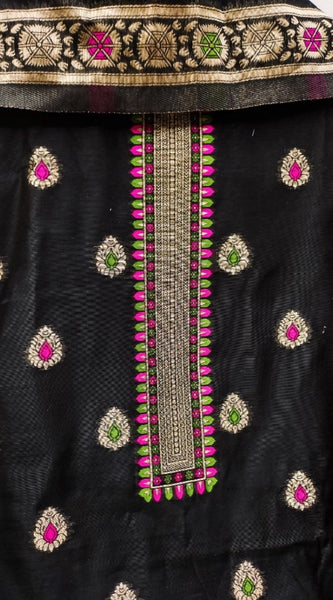 Mayawye Women's Banarasi Silk Printed Unstitched Salwar Suit Material With Dupatta (Black, 3Mtrs)