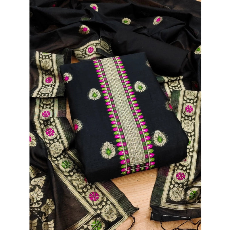 Mayawye Women's Banarasi Silk Printed Unstitched Salwar Suit Material With Dupatta (Black, 3Mtrs)