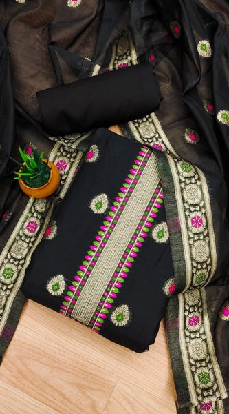Mayawye Women's Banarasi Silk Printed Unstitched Salwar Suit Material With Dupatta (Black, 3Mtrs)