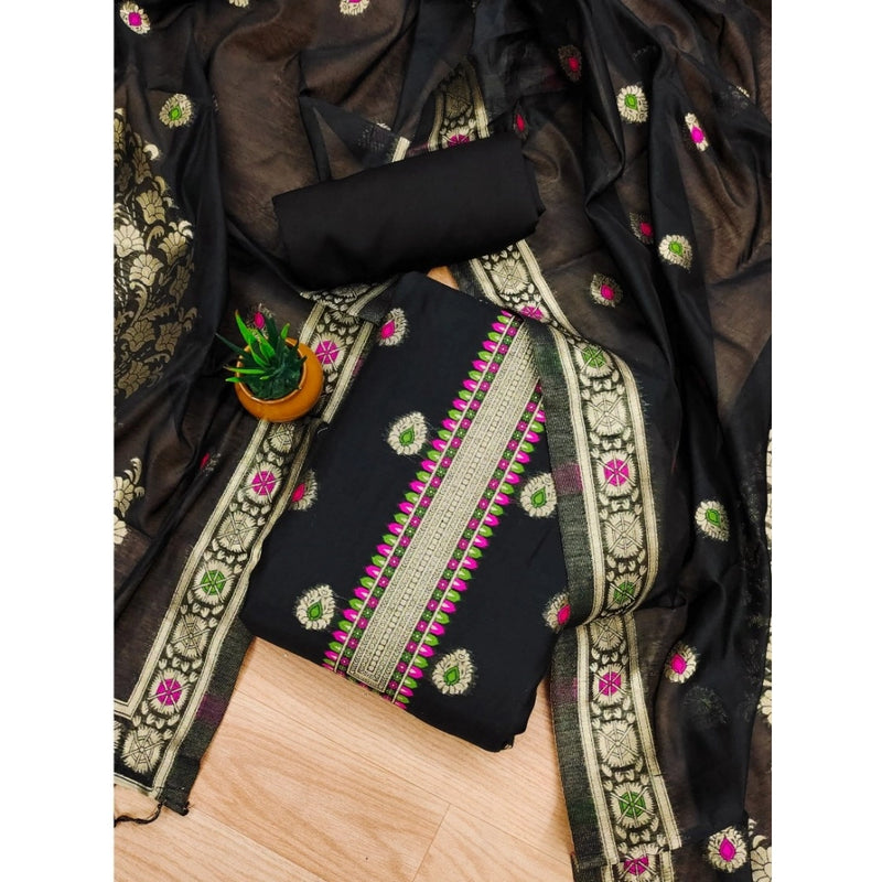 Mayawye Women's Banarasi Silk Printed Unstitched Salwar Suit Material With Dupatta (Black, 3Mtrs)