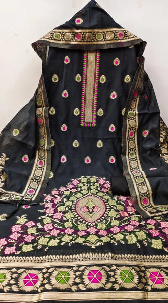 Mayawye Women's Banarasi Silk Printed Unstitched Salwar Suit Material With Dupatta (Black, 3Mtrs)
