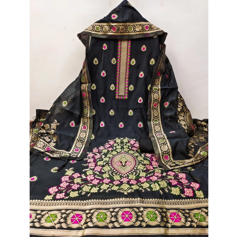Mayawye Women's Banarasi Silk Printed Unstitched Salwar Suit Material With Dupatta (Black, 3Mtrs)