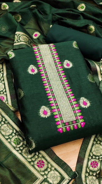 Mayawye Women's Banarasi Silk Printed Unstitched Salwar Suit Material With Dupatta (Bottle Green, 3Mtrs)