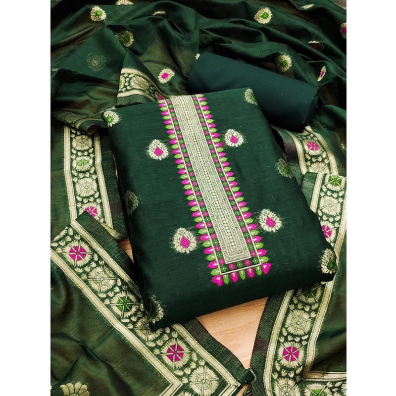 Mayawye Women's Banarasi Silk Printed Unstitched Salwar Suit Material With Dupatta (Bottle Green, 3Mtrs)