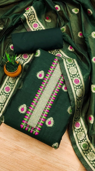 Mayawye Women's Banarasi Silk Printed Unstitched Salwar Suit Material With Dupatta (Bottle Green, 3Mtrs)