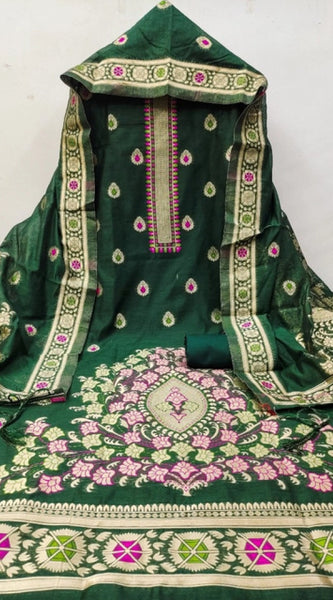 Mayawye Women's Banarasi Silk Printed Unstitched Salwar Suit Material With Dupatta (Bottle Green, 3Mtrs)
