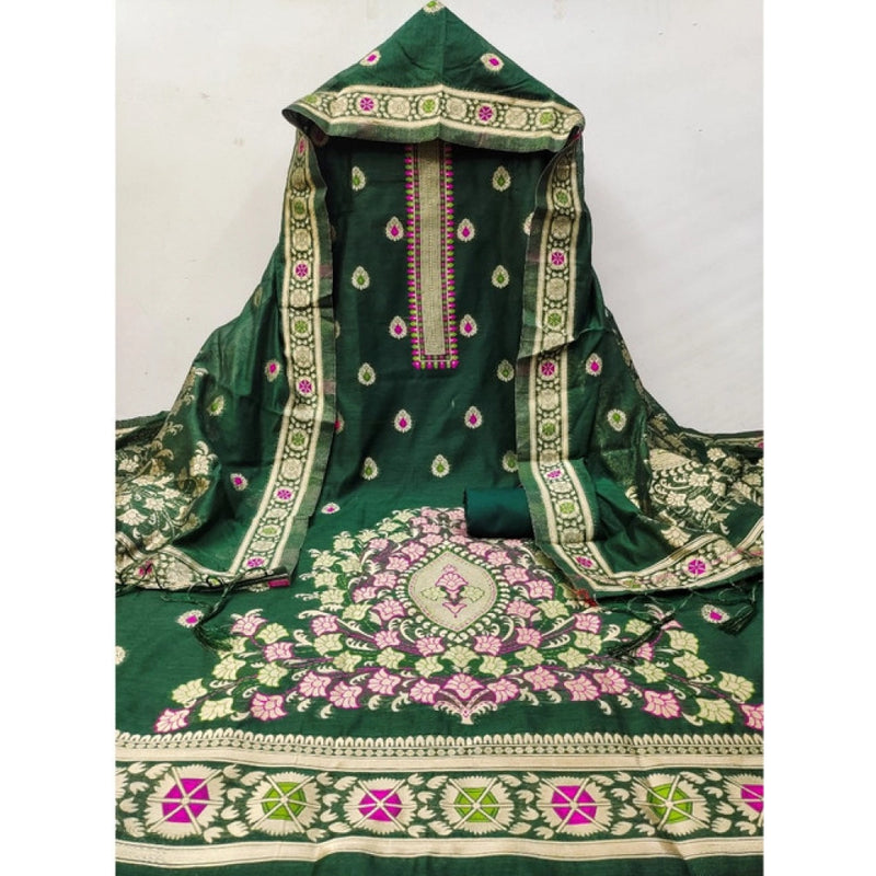Mayawye Women's Banarasi Silk Printed Unstitched Salwar Suit Material With Dupatta (Bottle Green, 3Mtrs)