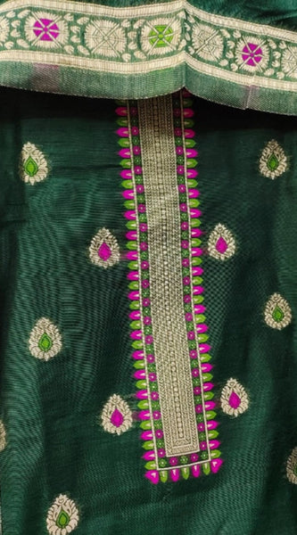 Mayawye Women's Banarasi Silk Printed Unstitched Salwar Suit Material With Dupatta (Bottle Green, 3Mtrs)