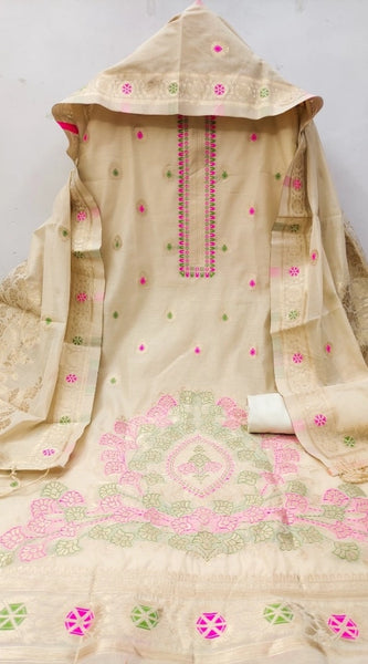 Mayawye Women's Banarasi Silk Printed Unstitched Salwar Suit Material With Dupatta (Cream, 3Mtrs)