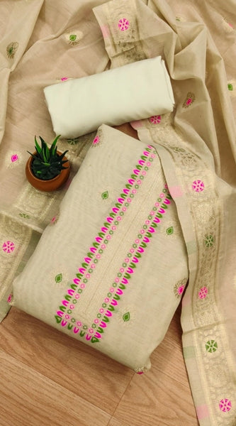 Mayawye Women's Banarasi Silk Printed Unstitched Salwar Suit Material With Dupatta (Cream, 3Mtrs)