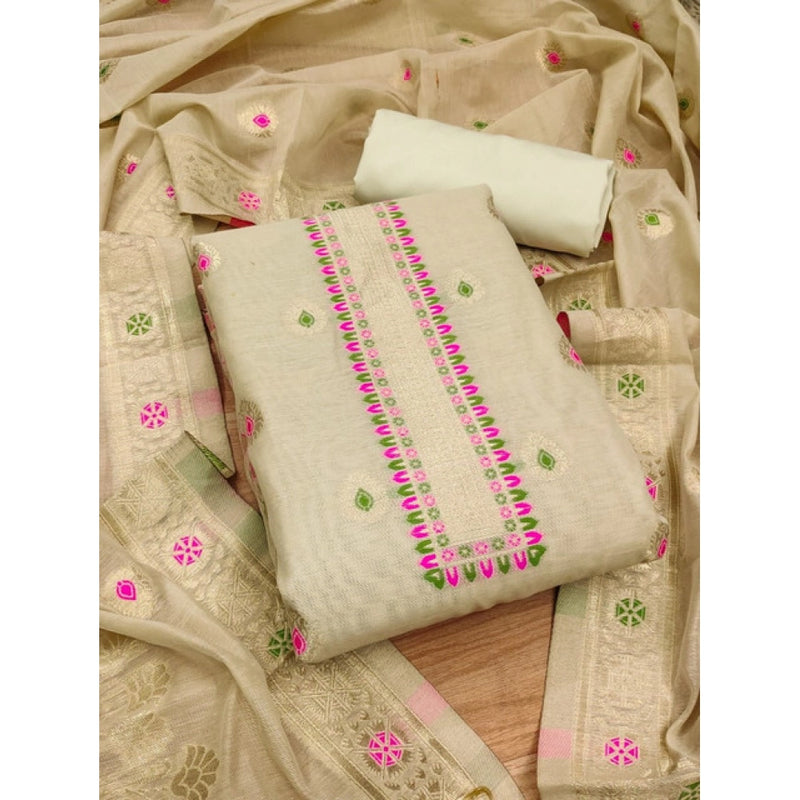 Mayawye Women's Banarasi Silk Printed Unstitched Salwar Suit Material With Dupatta (Cream, 3Mtrs)