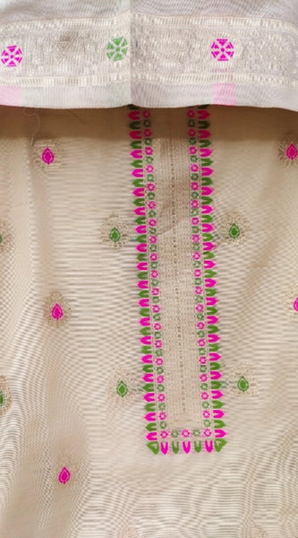 Mayawye Women's Banarasi Silk Printed Unstitched Salwar Suit Material With Dupatta (Cream, 3Mtrs)