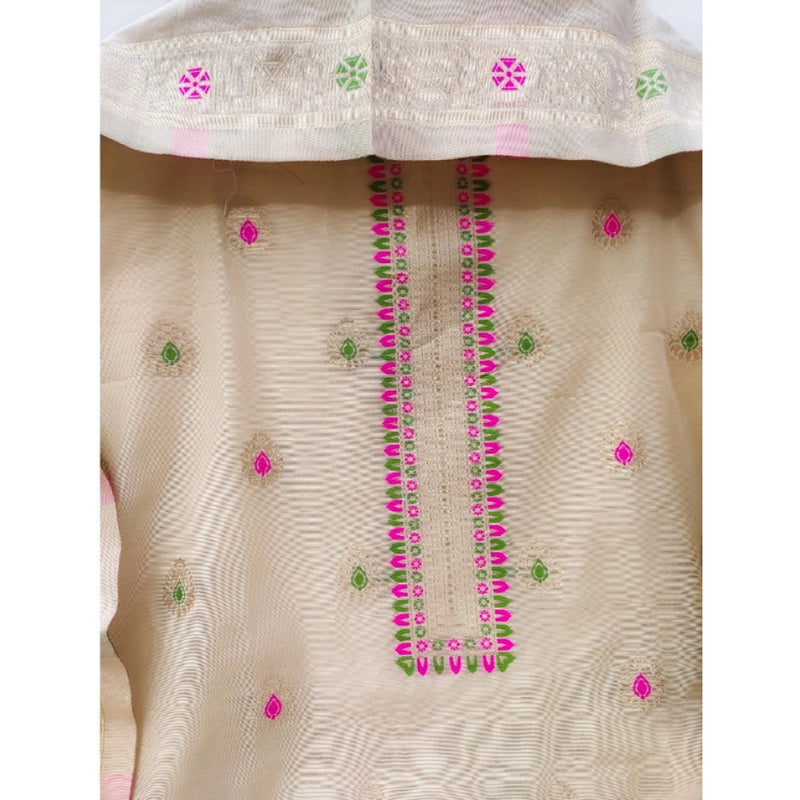 Mayawye Women's Banarasi Silk Printed Unstitched Salwar Suit Material With Dupatta (Cream, 3Mtrs)