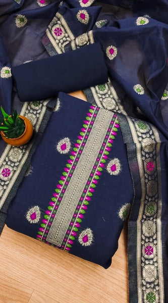 Mayawye Women's Banarasi Silk Printed Unstitched Salwar Suit Material With Dupatta (Navy Blue, 3Mtrs)