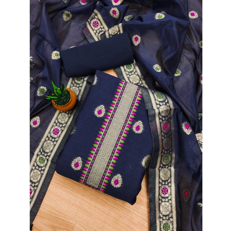 Mayawye Women's Banarasi Silk Printed Unstitched Salwar Suit Material With Dupatta (Navy Blue, 3Mtrs)