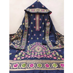 Mayawye Women's Banarasi Silk Printed Unstitched Salwar Suit Material With Dupatta (Navy Blue, 3Mtrs)