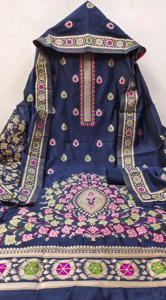 Mayawye Women's Banarasi Silk Printed Unstitched Salwar Suit Material With Dupatta (Navy Blue, 3Mtrs)