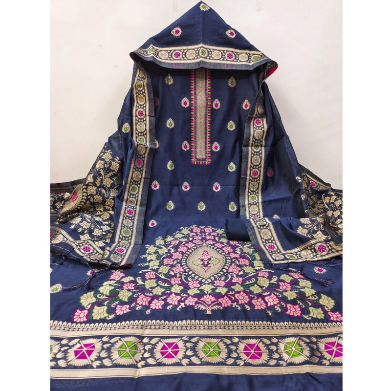 Mayawye Women's Banarasi Silk Printed Unstitched Salwar Suit Material With Dupatta (Navy Blue, 3Mtrs)