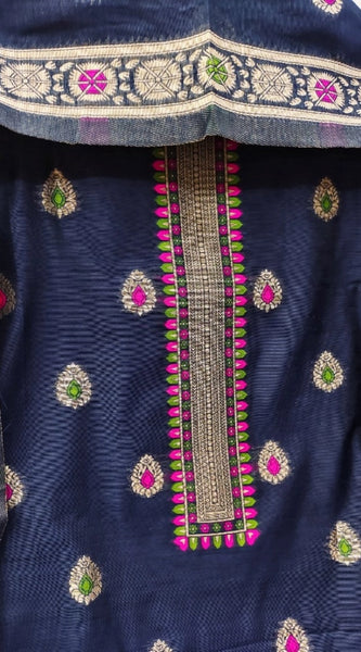Mayawye Women's Banarasi Silk Printed Unstitched Salwar Suit Material With Dupatta (Navy Blue, 3Mtrs)