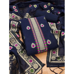 Mayawye Women's Banarasi Silk Printed Unstitched Salwar Suit Material With Dupatta (Navy Blue, 3Mtrs)