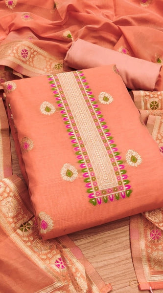 Mayawye Women's Banarasi Silk Printed Unstitched Salwar Suit Material With Dupatta (Peach, 3Mtrs)