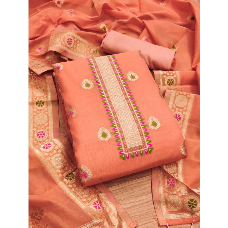 Mayawye Women's Banarasi Silk Printed Unstitched Salwar Suit Material With Dupatta (Peach, 3Mtrs)