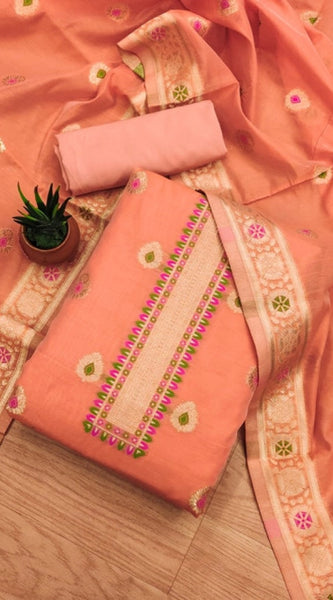 Mayawye Women's Banarasi Silk Printed Unstitched Salwar Suit Material With Dupatta (Peach, 3Mtrs)