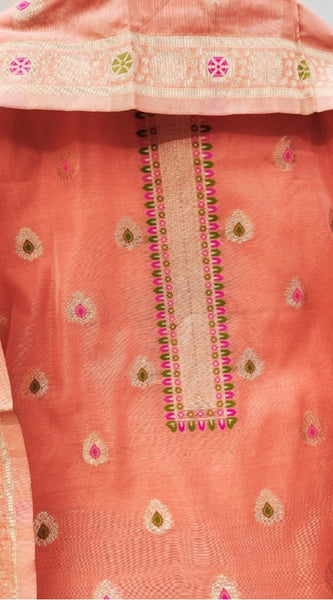 Mayawye Women's Banarasi Silk Printed Unstitched Salwar Suit Material With Dupatta (Peach, 3Mtrs)