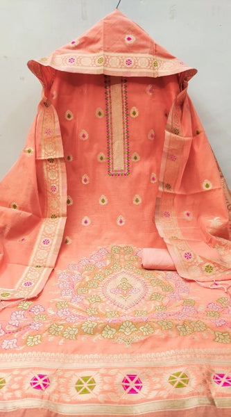 Mayawye Women's Banarasi Silk Printed Unstitched Salwar Suit Material With Dupatta (Peach, 3Mtrs)