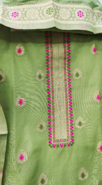 Mayawye Women's Banarasi Silk Printed Unstitched Salwar Suit Material With Dupatta (Pista, 3Mtrs)
