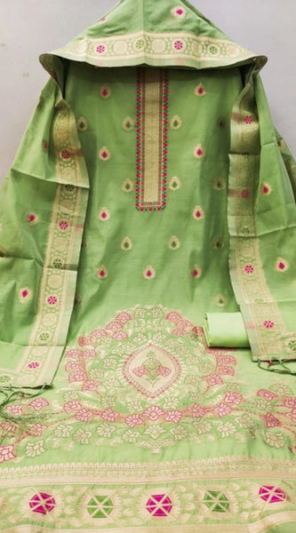 Mayawye Women's Banarasi Silk Printed Unstitched Salwar Suit Material With Dupatta (Pista, 3Mtrs)