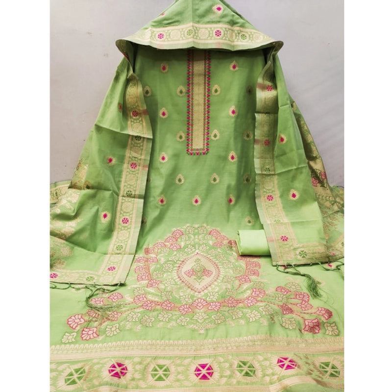 Mayawye Women's Banarasi Silk Printed Unstitched Salwar Suit Material With Dupatta (Pista, 3Mtrs)