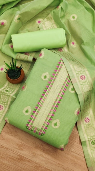 Mayawye Women's Banarasi Silk Printed Unstitched Salwar Suit Material With Dupatta (Pista, 3Mtrs)