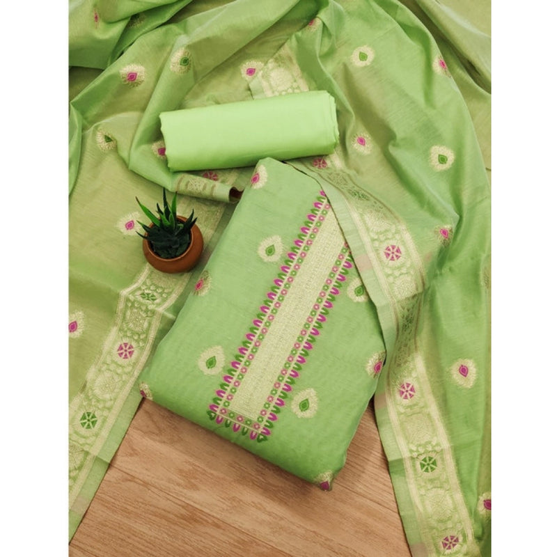 Mayawye Women's Banarasi Silk Printed Unstitched Salwar Suit Material With Dupatta (Pista, 3Mtrs)