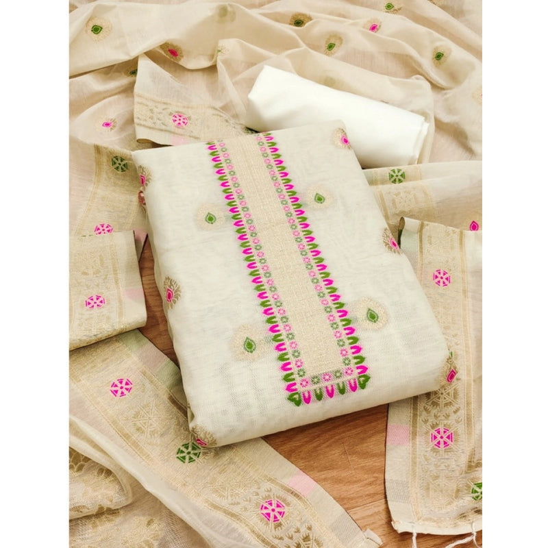 Mayawye Women's Banarasi Silk Printed Unstitched Salwar Suit Material With Dupatta (White, 3Mtrs)