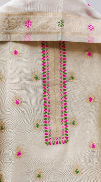 Mayawye Women's Banarasi Silk Printed Unstitched Salwar Suit Material With Dupatta (White, 3Mtrs)