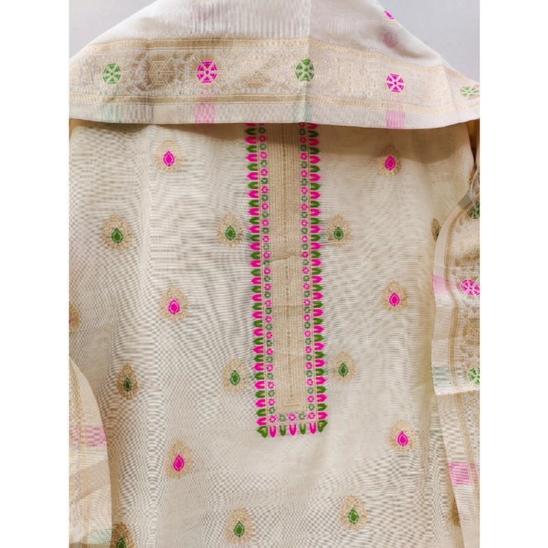Mayawye Women's Banarasi Silk Printed Unstitched Salwar Suit Material With Dupatta (White, 3Mtrs)