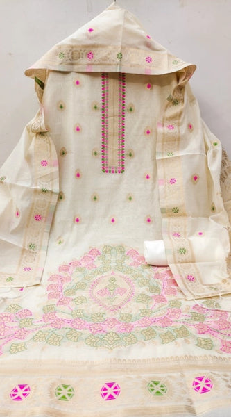 Mayawye Women's Banarasi Silk Printed Unstitched Salwar Suit Material With Dupatta (White, 3Mtrs)