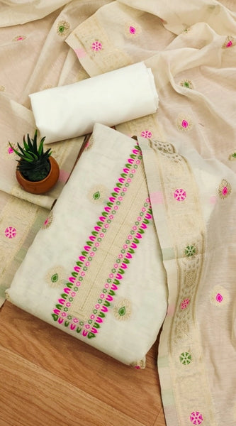 Mayawye Women's Banarasi Silk Printed Unstitched Salwar Suit Material With Dupatta (White, 3Mtrs)