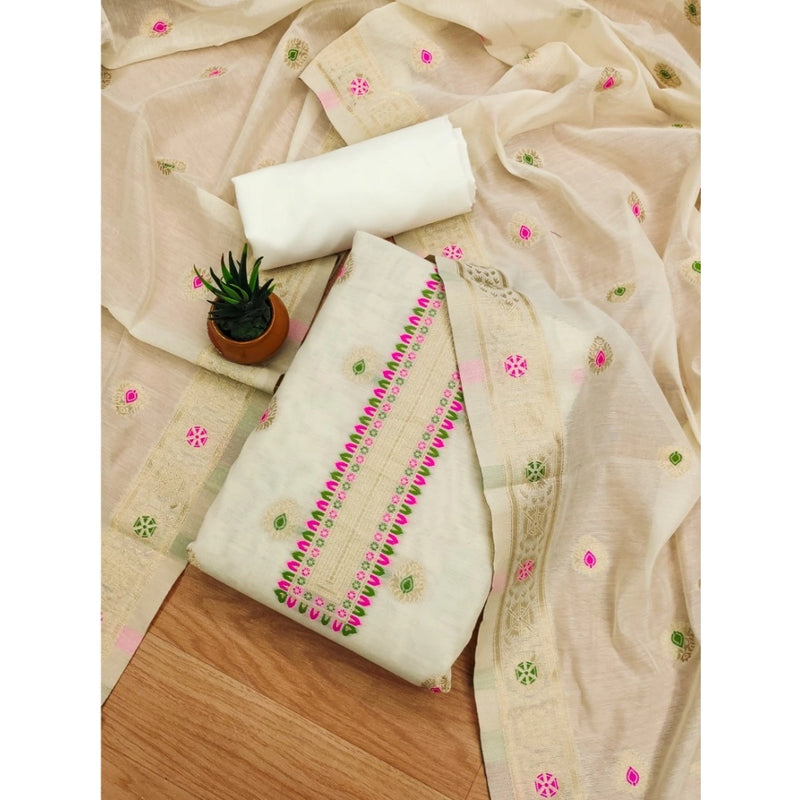 Mayawye Women's Banarasi Silk Printed Unstitched Salwar Suit Material With Dupatta (White, 3Mtrs)