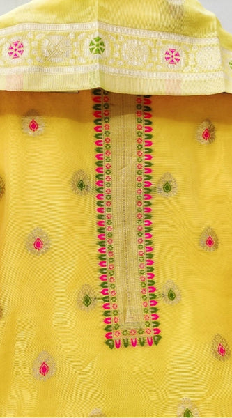 Mayawye Women's Banarasi Silk Printed Unstitched Salwar Suit Material With Dupatta (Yellow, 3Mtrs)