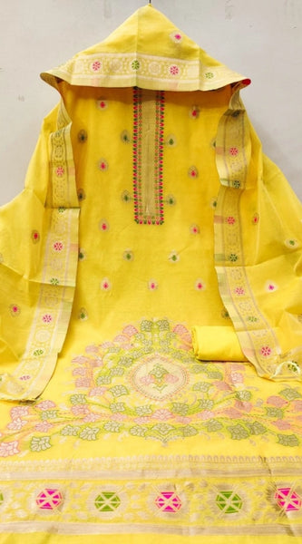 Mayawye Women's Banarasi Silk Printed Unstitched Salwar Suit Material With Dupatta (Yellow, 3Mtrs)