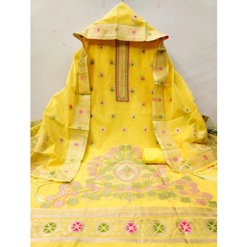 Mayawye Women's Banarasi Silk Printed Unstitched Salwar Suit Material With Dupatta (Yellow, 3Mtrs)