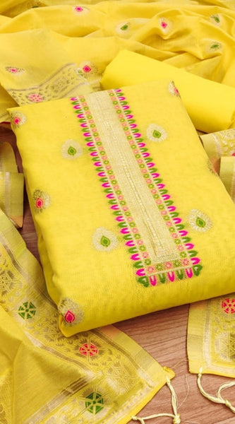 Mayawye Women's Banarasi Silk Printed Unstitched Salwar Suit Material With Dupatta (Yellow, 3Mtrs)