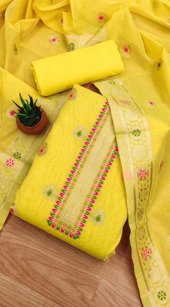 Mayawye Women's Banarasi Silk Printed Unstitched Salwar Suit Material With Dupatta (Yellow, 3Mtrs)