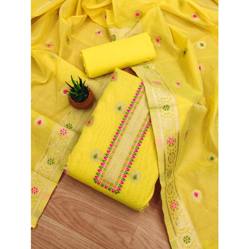 Mayawye Women's Banarasi Silk Printed Unstitched Salwar Suit Material With Dupatta (Yellow, 3Mtrs)